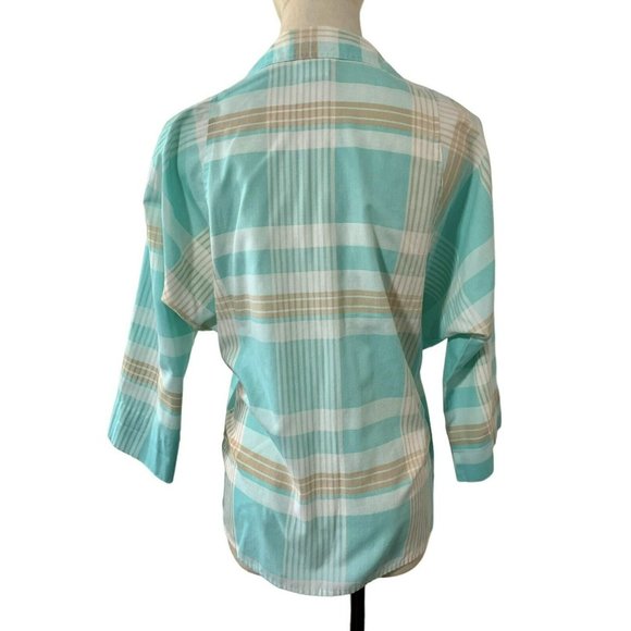 Vintage top 70s 80s Blouse Shirt Button Pastel Blue Brown Bat Wing Plaid CERSE - Picture 3 of 10